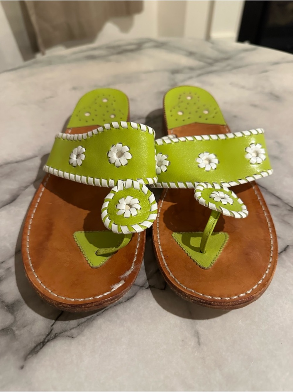 Lime Green Floral Leather Thong Sandals